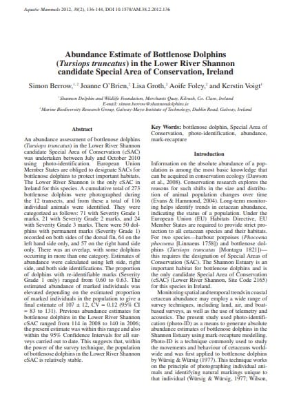 Berrow et al. (2012) Abundance Estimate of Bottlenose Dolphins (Tursiops truncatus) in the Lower River Shannon candidate Special Area of Conservation