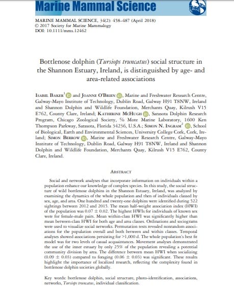 Baker et al. (2018) Bottlenose dolphin (Tursiops truncatus) social structure in the Shannon Estuary, Ireland, is distinguished by age- and area-related associations