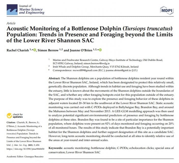Charish et al. (2021) Acoustic Monitoring of a Bottlenose Dolphin Population_ Trends in Presence and Foraging beyond the Limits of the Lower River Shannon SAC